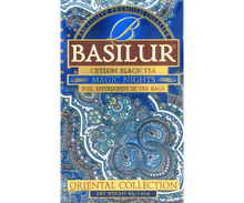 Opakowanie herbaty Basilur Magic Nights – czarna herbata cejlońska w niebieskim pudełku.