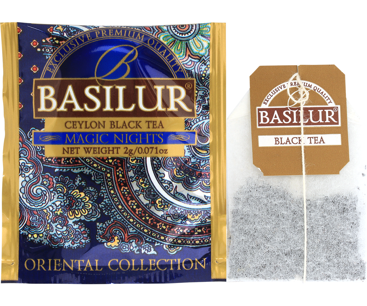 Saszetka i torebka herbaty Basilur Magic Nights z kolekcji Oriental Collection.