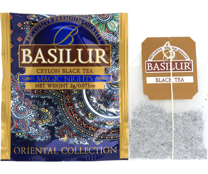 Saszetka i torebka herbaty Basilur Magic Nights z kolekcji Oriental Collection.