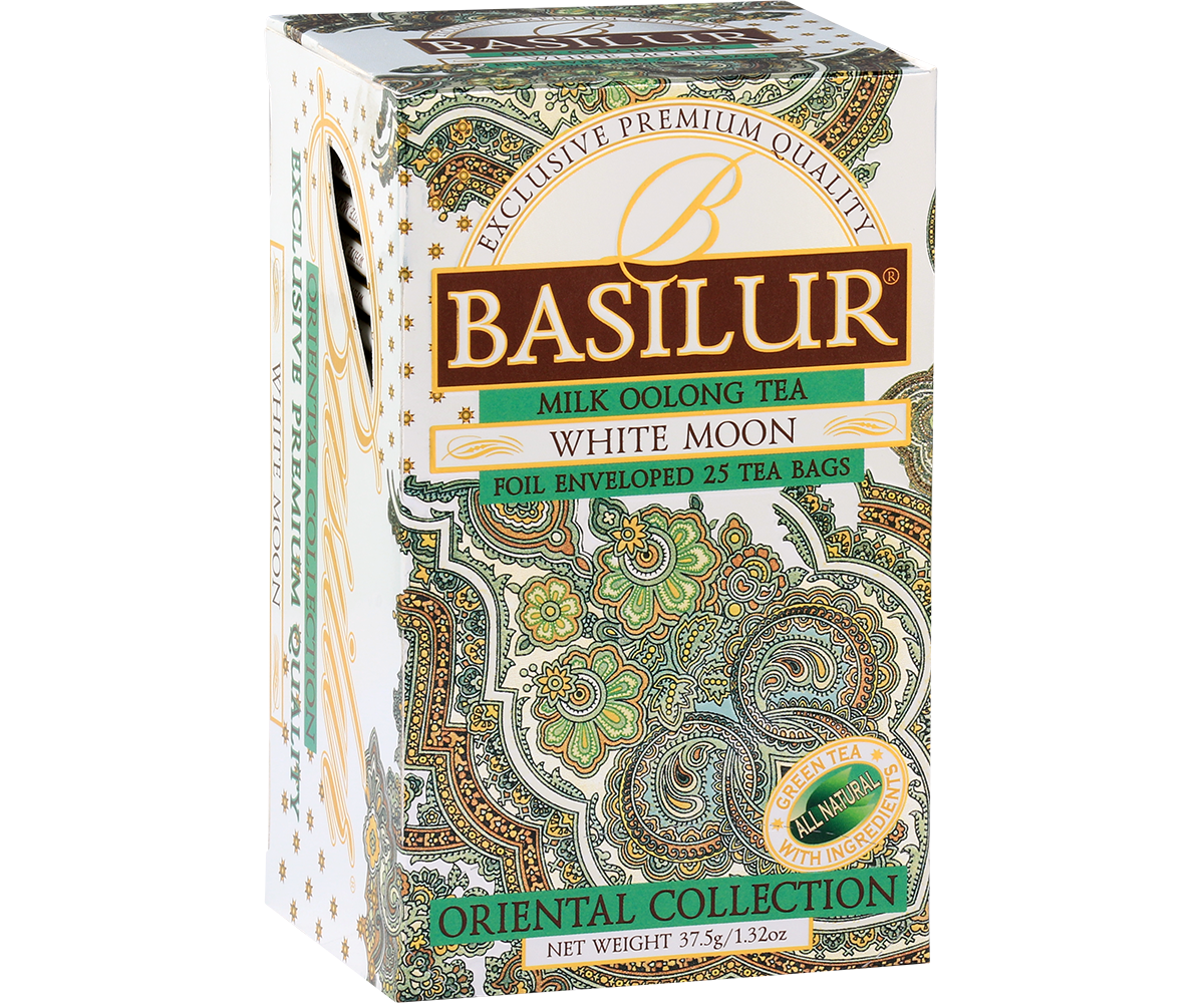 Bok pudełka herbaty Basilur White Moon, elegancki orientalny wzór.
