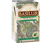 Bok pudełka herbaty Basilur White Moon, elegancki orientalny wzór.