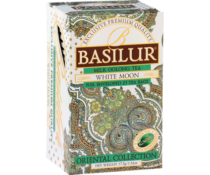 Bok pudełka herbaty Basilur White Moon, elegancki orientalny wzór.