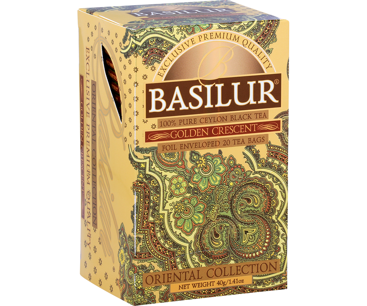 Herbata Basilur Golden Crescent widok z boku, elegancki orientalny wzór paisley.