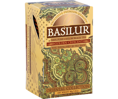 Herbata Basilur Golden Crescent widok z boku, elegancki orientalny wzór paisley.