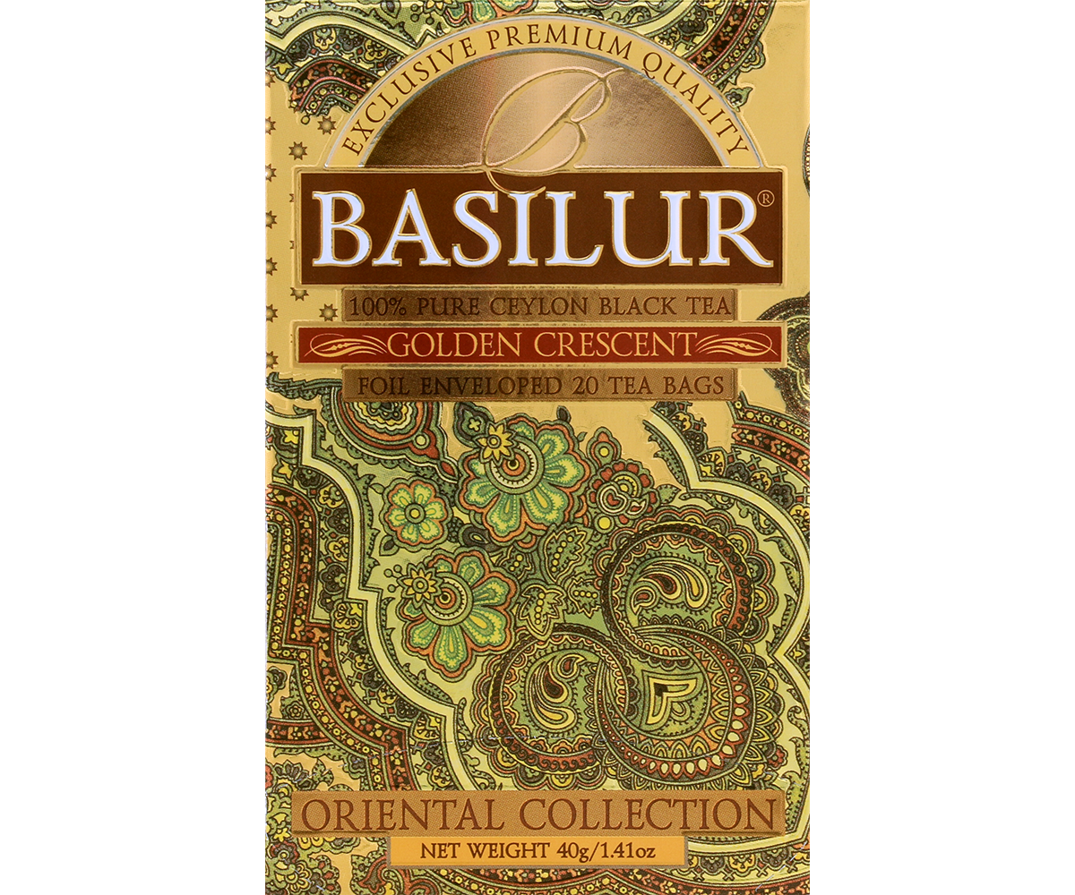 Opakowanie herbaty Basilur Golden Crescent z kolekcji Oriental Collection w złoto-zielonej tonacji.