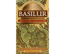 Opakowanie herbaty Basilur Golden Crescent z kolekcji Oriental Collection w złoto-zielonej tonacji.