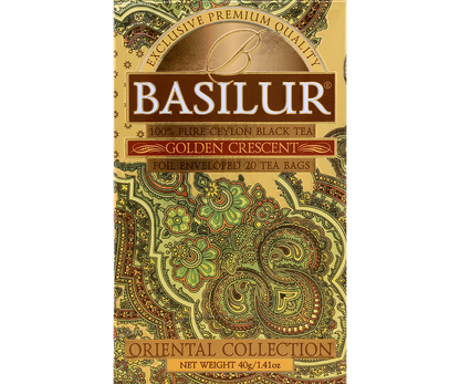Opakowanie herbaty Basilur Golden Crescent z kolekcji Oriental Collection w złoto-zielonej tonacji.