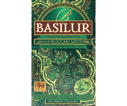 Zielona herbata Basilur Moroccan Mint w orientalnym opakowaniu z kolekcji Oriental Collection.