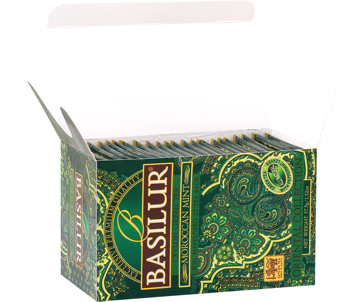 Otwarta pudełko Basilur Moroccan Mint z widocznymi saszetkami zielonej herbaty.