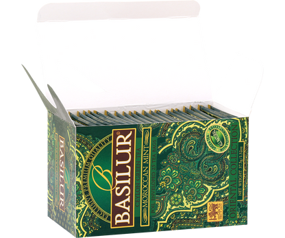 Otwarta pudełko Basilur Moroccan Mint z widocznymi saszetkami zielonej herbaty.