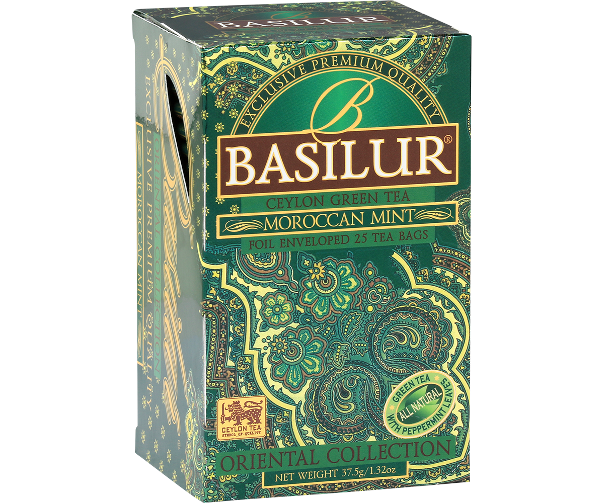 Zielona herbata Basilur Moroccan Mint w ozdobnym kartoniku z serii Oriental Collection.
