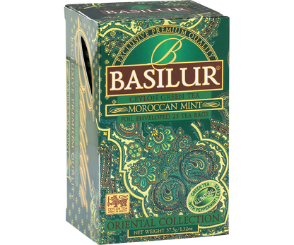 Zielona herbata Basilur Moroccan Mint w ozdobnym kartoniku z serii Oriental Collection.