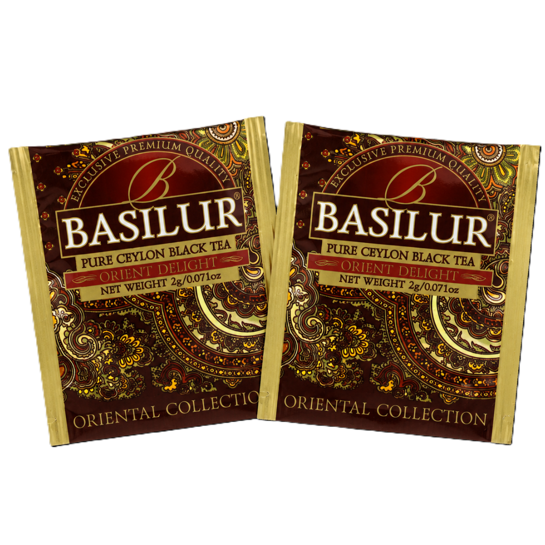 Dwie koperty foliowe Basilur Orient Delight z brązowo-złotym wzorem orientalnym.