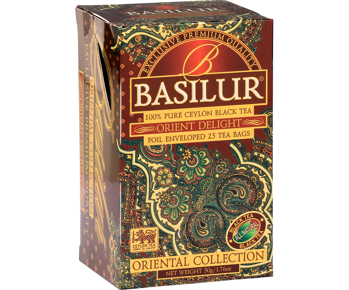 Eleganckie opakowanie Basilur Orient Delight, czarna herbata premium z Cejlonu.