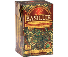 Eleganckie opakowanie Basilur Orient Delight, czarna herbata premium z Cejlonu.