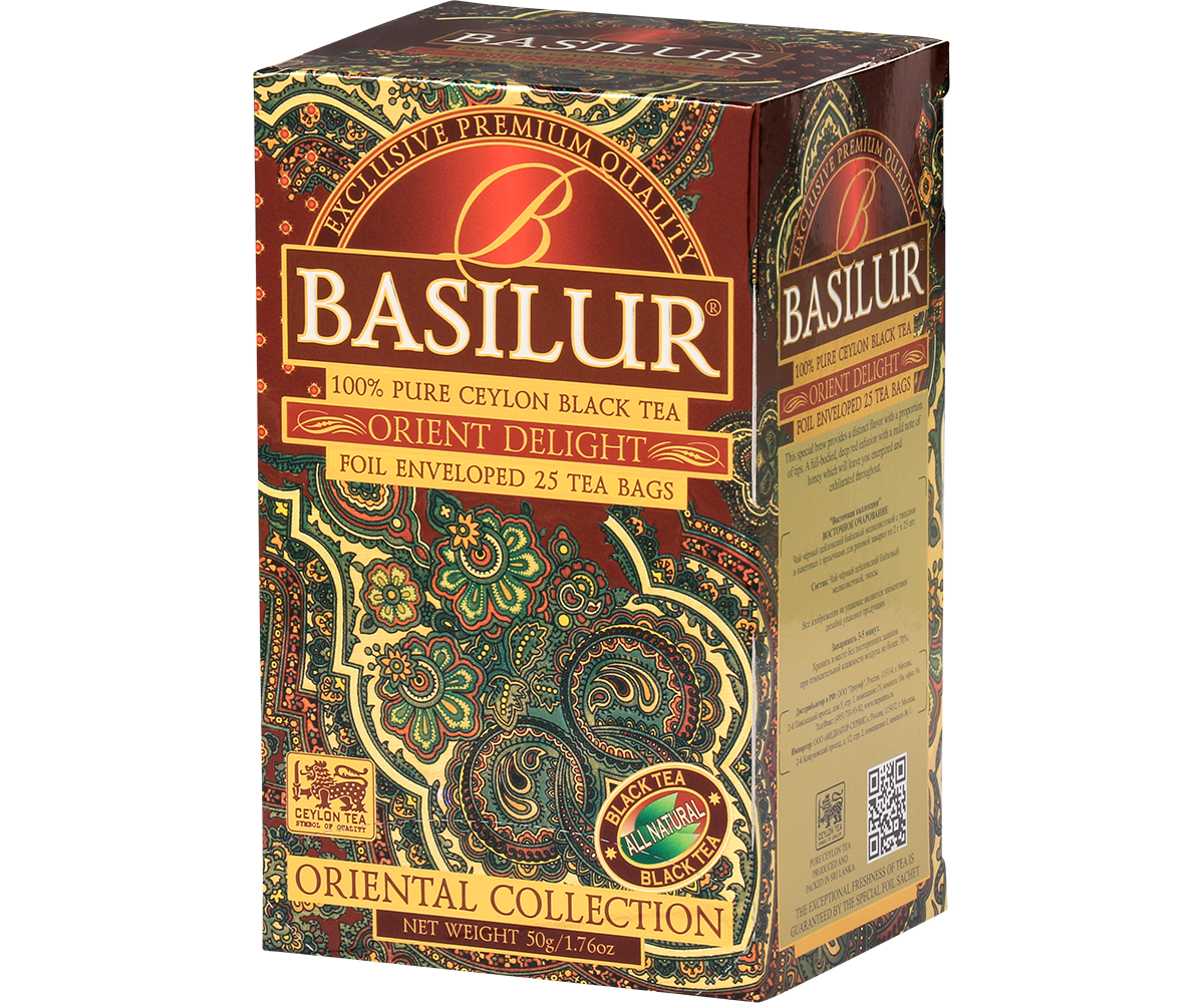 Bok pudełka herbaty Basilur Orient Delight, orientalny wzór w odcieniach złota i zieleni.