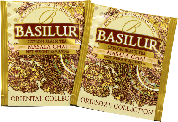 Koperty herbaty Basilur Masala Chai z kolekcji Oriental Collection w złotej oprawie.
