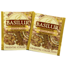 Koperty herbaty Basilur Masala Chai z kolekcji Oriental Collection w złotej oprawie.