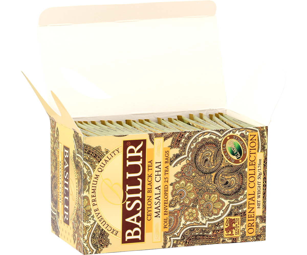 Otwarta herbata Basilur Masala Chai z kopertami w eleganckim pudełku.