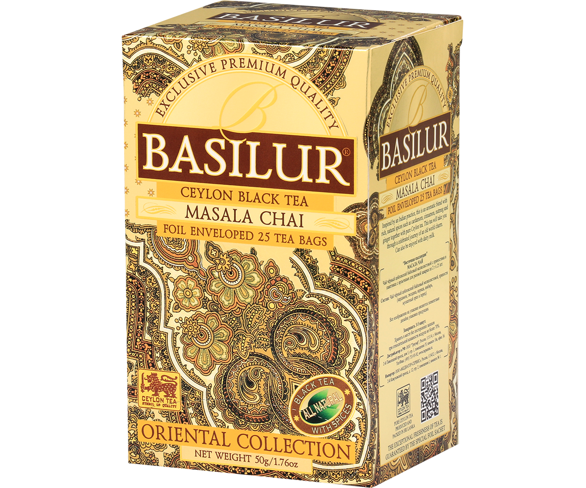 Herbata Basilur Masala Chai widok z boku, orientalne wzory i logo marki.