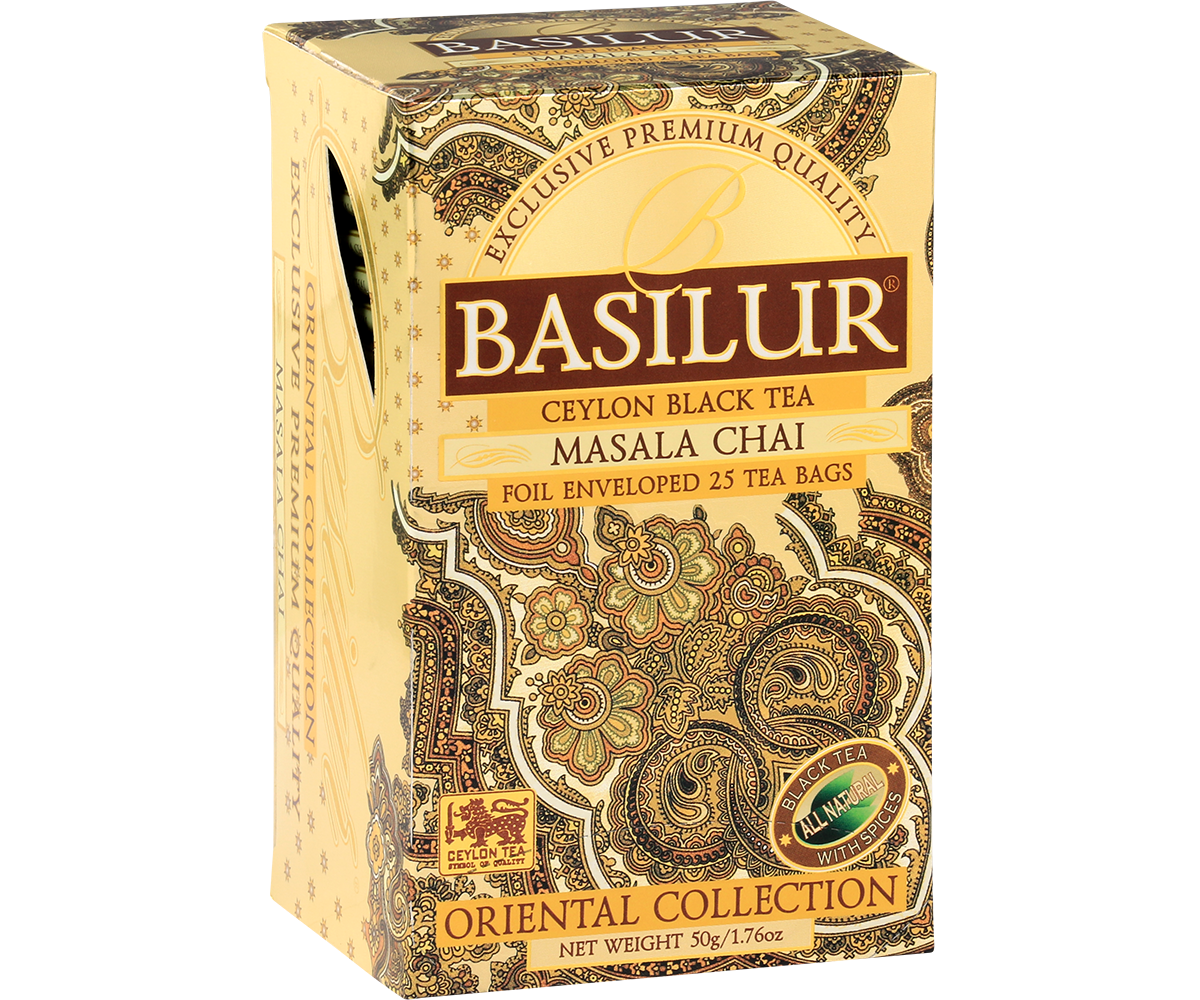 Czarna herbata Basilur Masala Chai z przyprawami korzennymi w ozdobnym kartoniku.