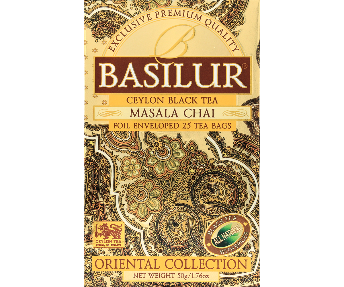 Opakowanie herbaty Basilur Masala Chai z kolekcji Oriental Collection w złoto-brązowym stylu.