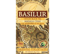 Opakowanie herbaty Basilur Masala Chai z kolekcji Oriental Collection w złoto-brązowym stylu.