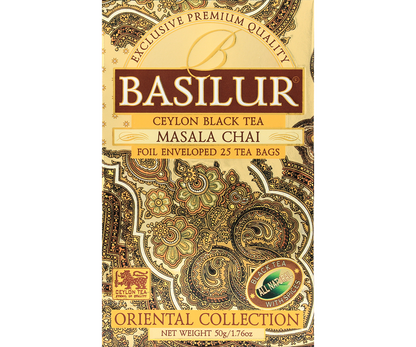 Opakowanie herbaty Basilur Masala Chai z kolekcji Oriental Collection w złoto-brązowym stylu.