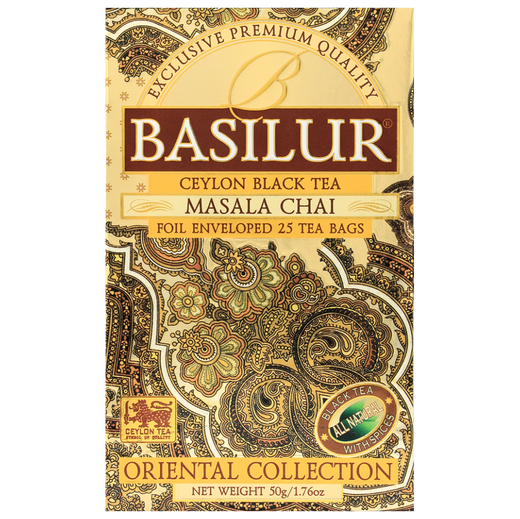 Opakowanie herbaty Basilur Masala Chai z kolekcji Oriental Collection w złoto-brązowym stylu.