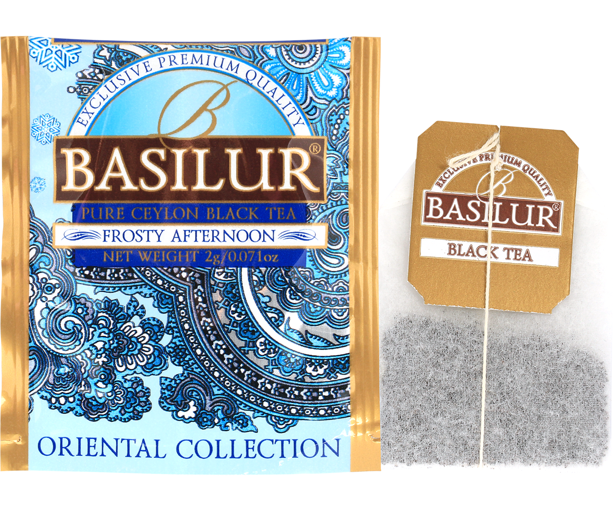 Koperta i torebka czarnej herbaty Basilur Frosty Afternoon z kolekcji Oriental Collection.