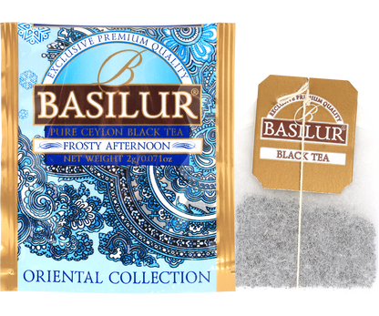 Koperta i torebka czarnej herbaty Basilur Frosty Afternoon z kolekcji Oriental Collection.