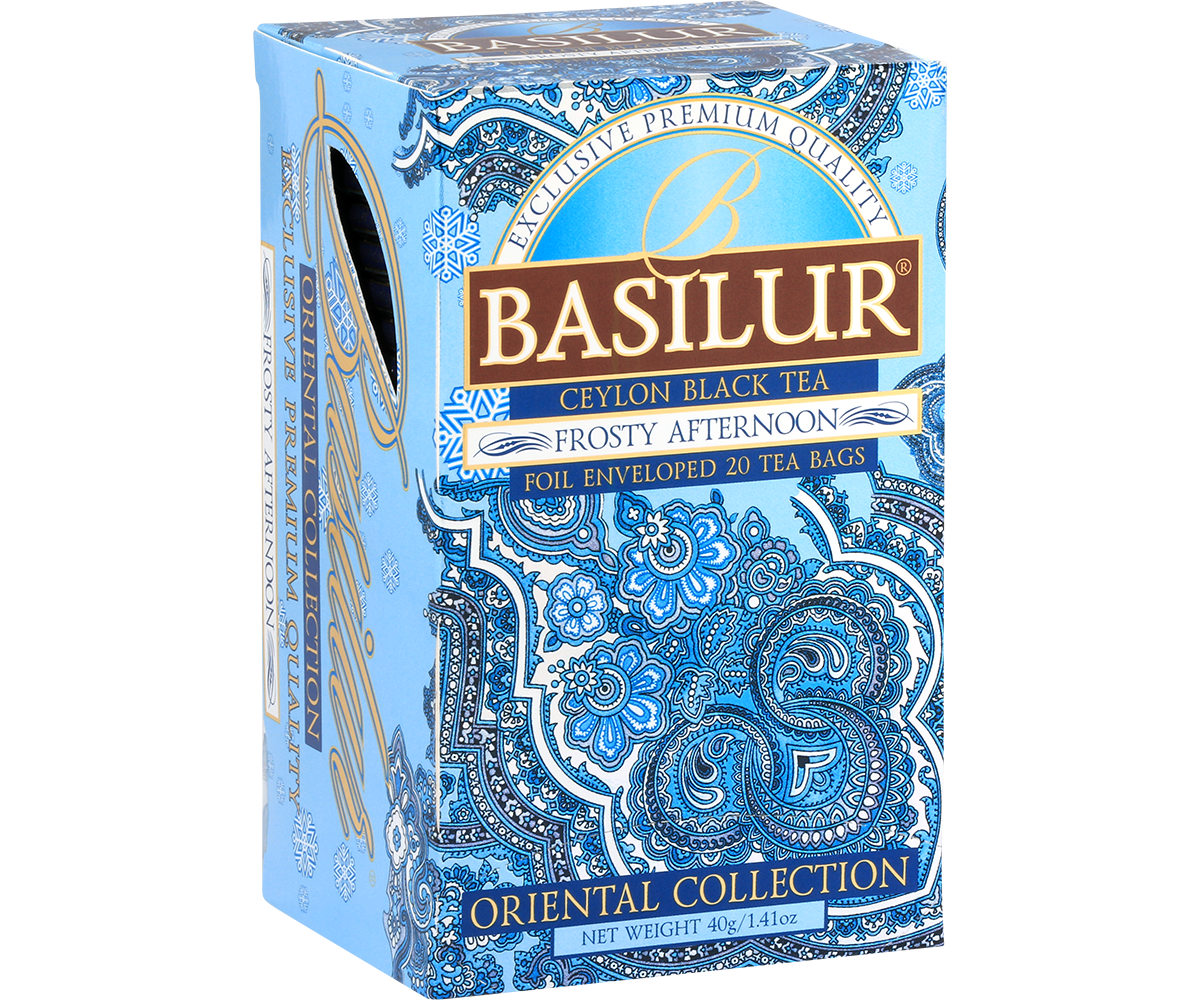 Herbata Basilur Frosty Afternoon widok z boku, eleganckie orientalne wzory.