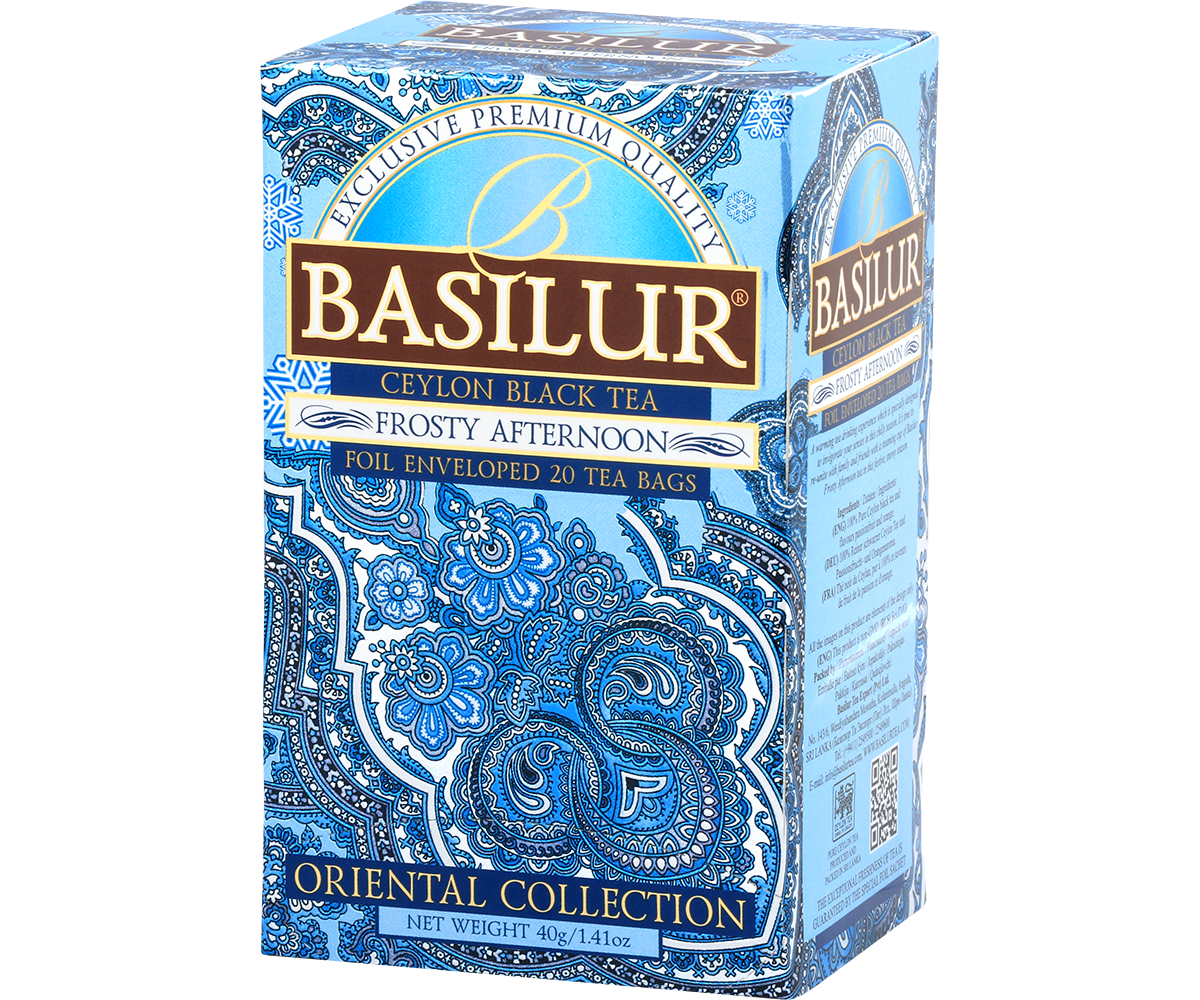Herbata Basilur Frosty Afternoon w ozdobnym kartoniku z orientalnym motywem paisley.