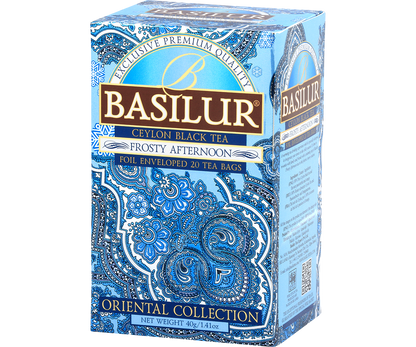 Herbata Basilur Frosty Afternoon w ozdobnym kartoniku z orientalnym motywem paisley.