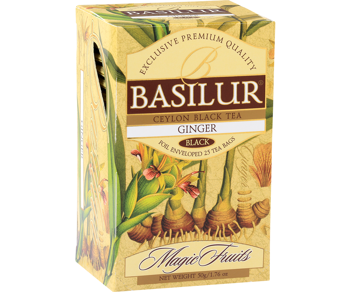 Opakowanie herbaty Basilur Ginger z widocznym motywem imbiru i logo Basilur.