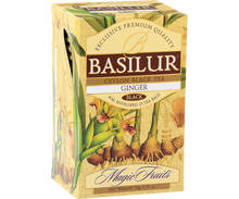 Opakowanie herbaty Basilur Ginger z widocznym motywem imbiru i logo Basilur.