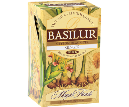 Opakowanie herbaty Basilur Ginger z widocznym motywem imbiru i logo Basilur.