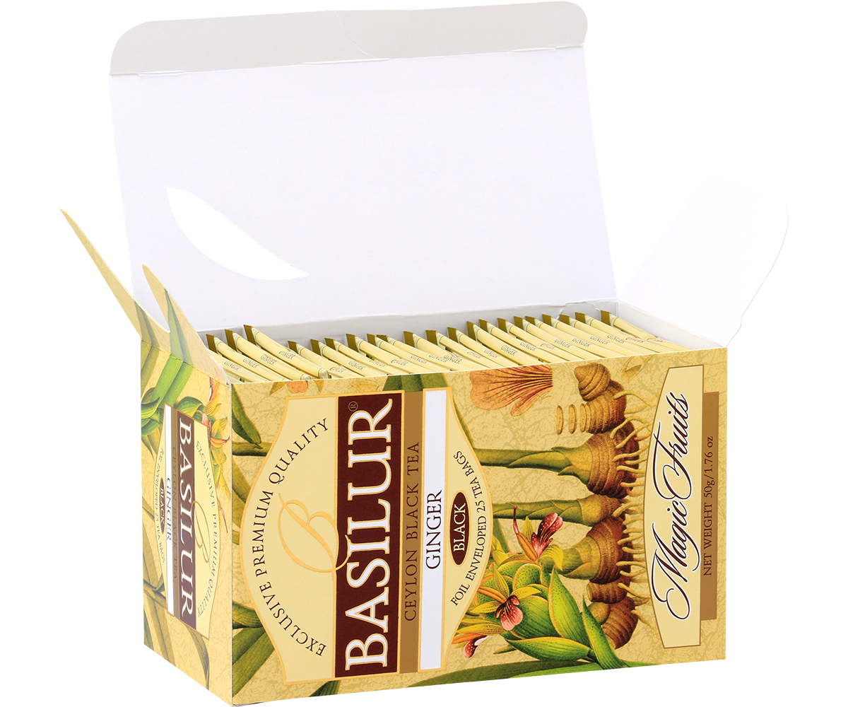 Otwarta herbata Basilur Ginger z widocznymi kopertami zachowującymi aromat.