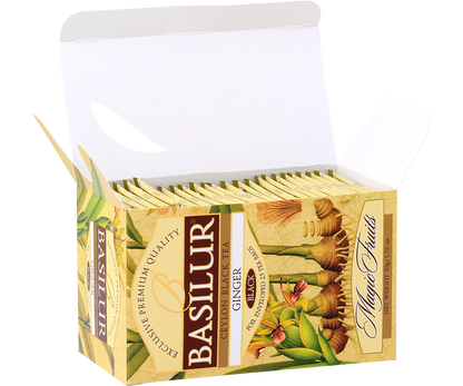 Otwarta herbata Basilur Ginger z widocznymi kopertami zachowującymi aromat.