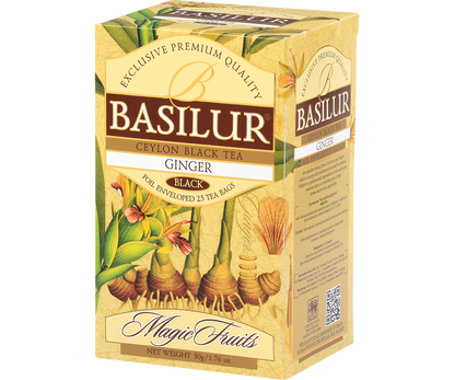 Herbata Basilur Ginger w pudełku 25 torebek z opisem i informacjami o produkcie.