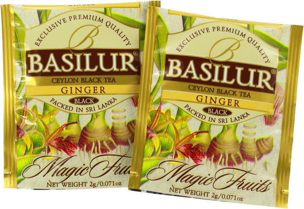 Zbliżenie na koperty herbaty Basilur Ginger z grafiką imbiru i napisem Magic Fruits.