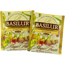 Zbliżenie na koperty herbaty Basilur Ginger z grafiką imbiru i napisem Magic Fruits.