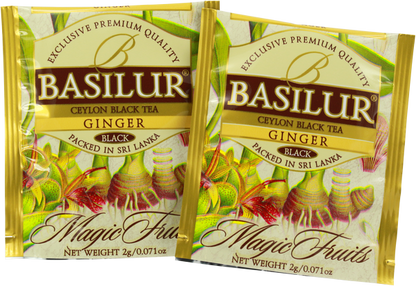 Zbliżenie na koperty herbaty Basilur Ginger z grafiką imbiru i napisem Magic Fruits.