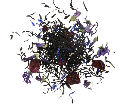 Liście herbaty Basilur Magic Nights z dodatkiem owoców i kwiatów bławatka.