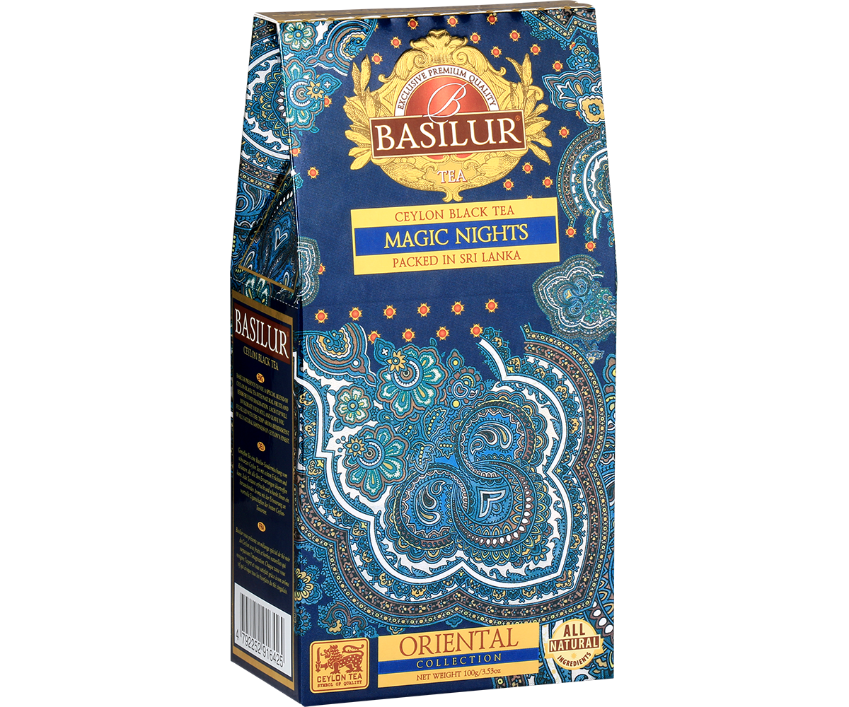 Elegancka paczka Basilur Magic Nights z orientalnym wzorem i logo Basilur.