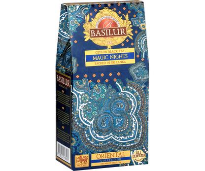 Elegancka paczka Basilur Magic Nights z orientalnym wzorem i logo Basilur.