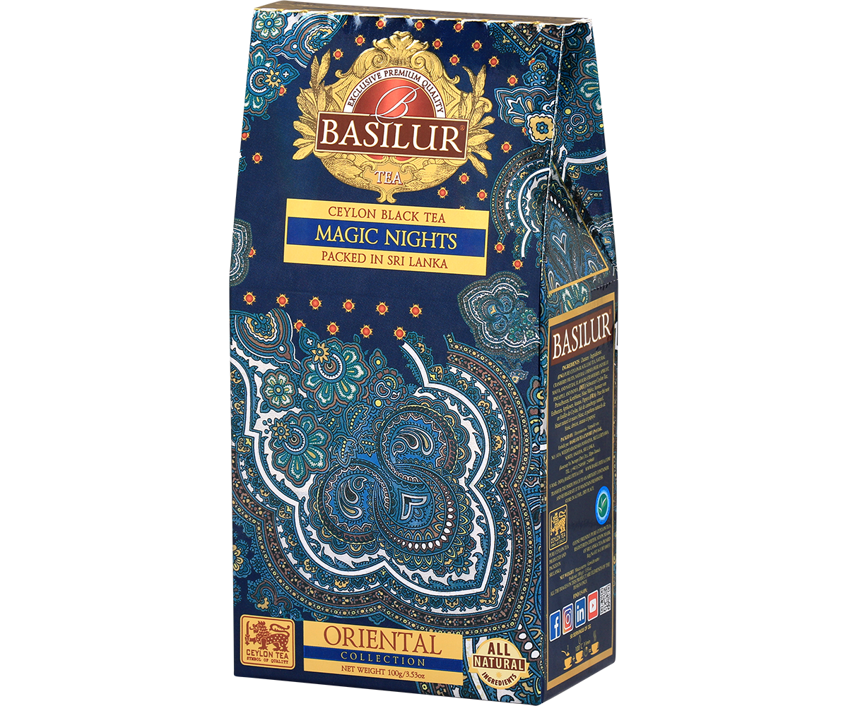 Opakowanie herbaty Basilur Magic Nights z kolekcji Oriental Collection, czarna herbata cejlońska.