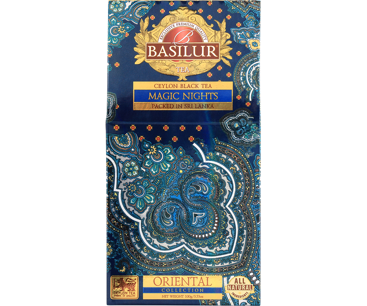 Opakowanie herbaty Basilur Magic Nights w granatowo-złotych barwach, czarna herbata premium.