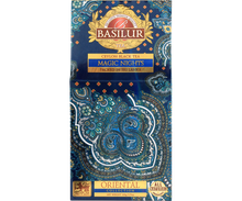 Opakowanie herbaty Basilur Magic Nights w granatowo-złotych barwach, czarna herbata premium.