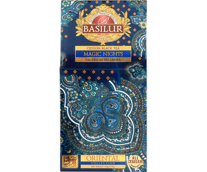 Opakowanie herbaty Basilur Magic Nights w granatowo-złotych barwach, czarna herbata premium.